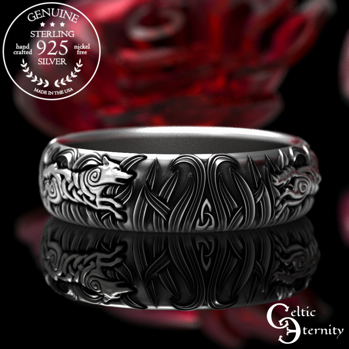 Women's Sterling Celtic Running Wolves Wedding Band, 1909