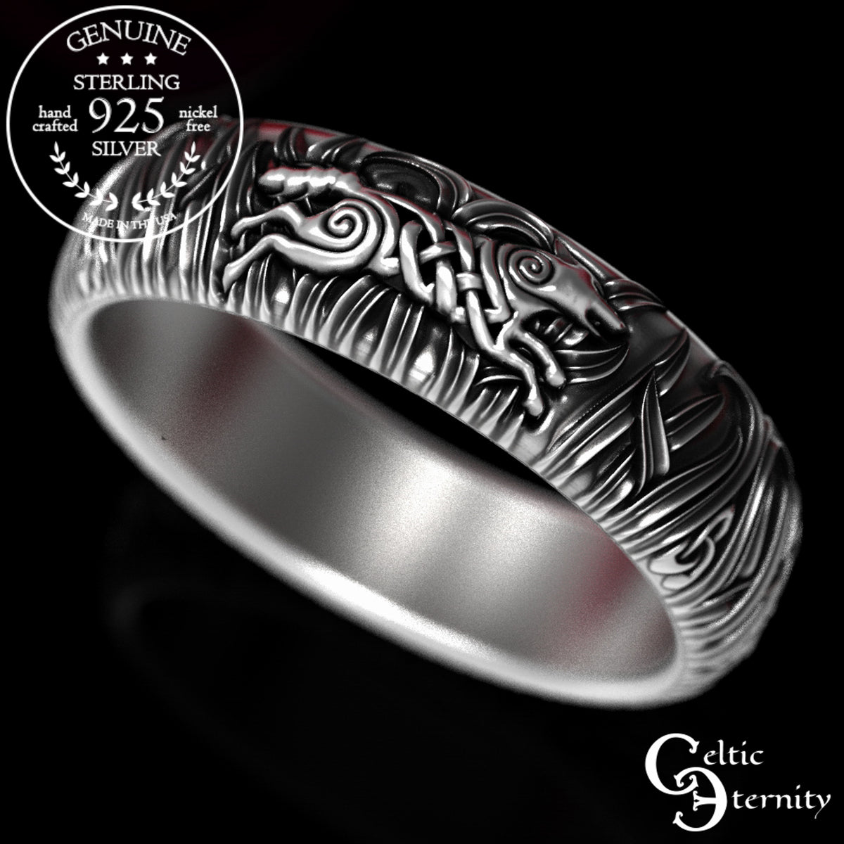 Women's Sterling Celtic Running Wolves Wedding Band, 1909