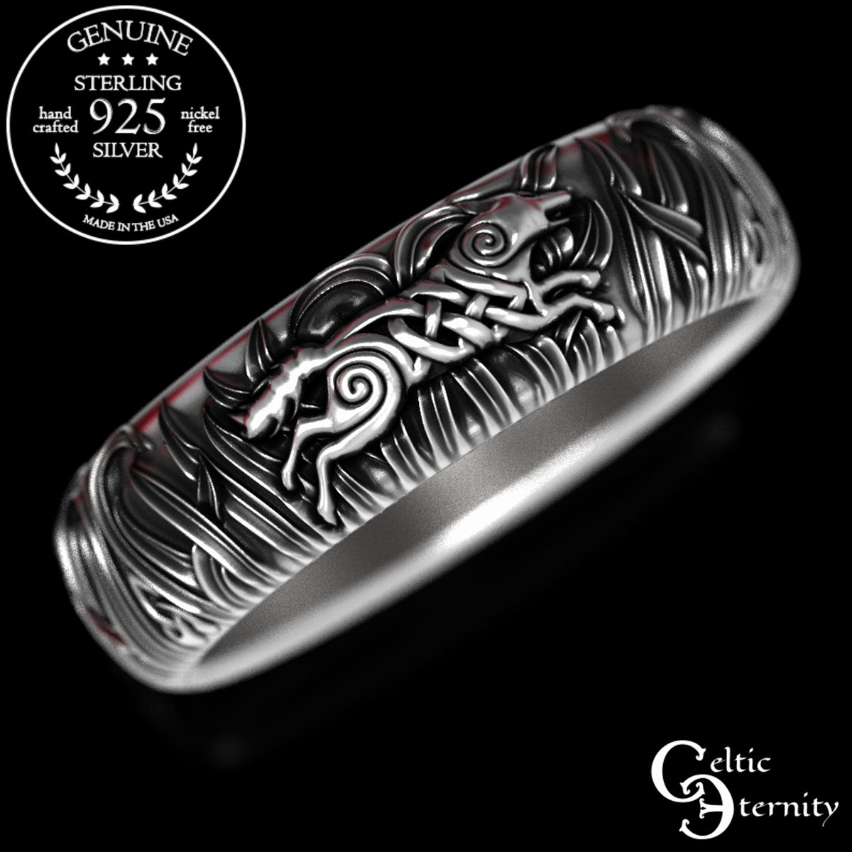 Women's Sterling Celtic Running Wolves Wedding Band, 1909