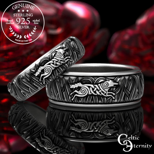 Matching Sterling Bride & Groom Celtic Wolves Wedding Band Set, 1909 1910