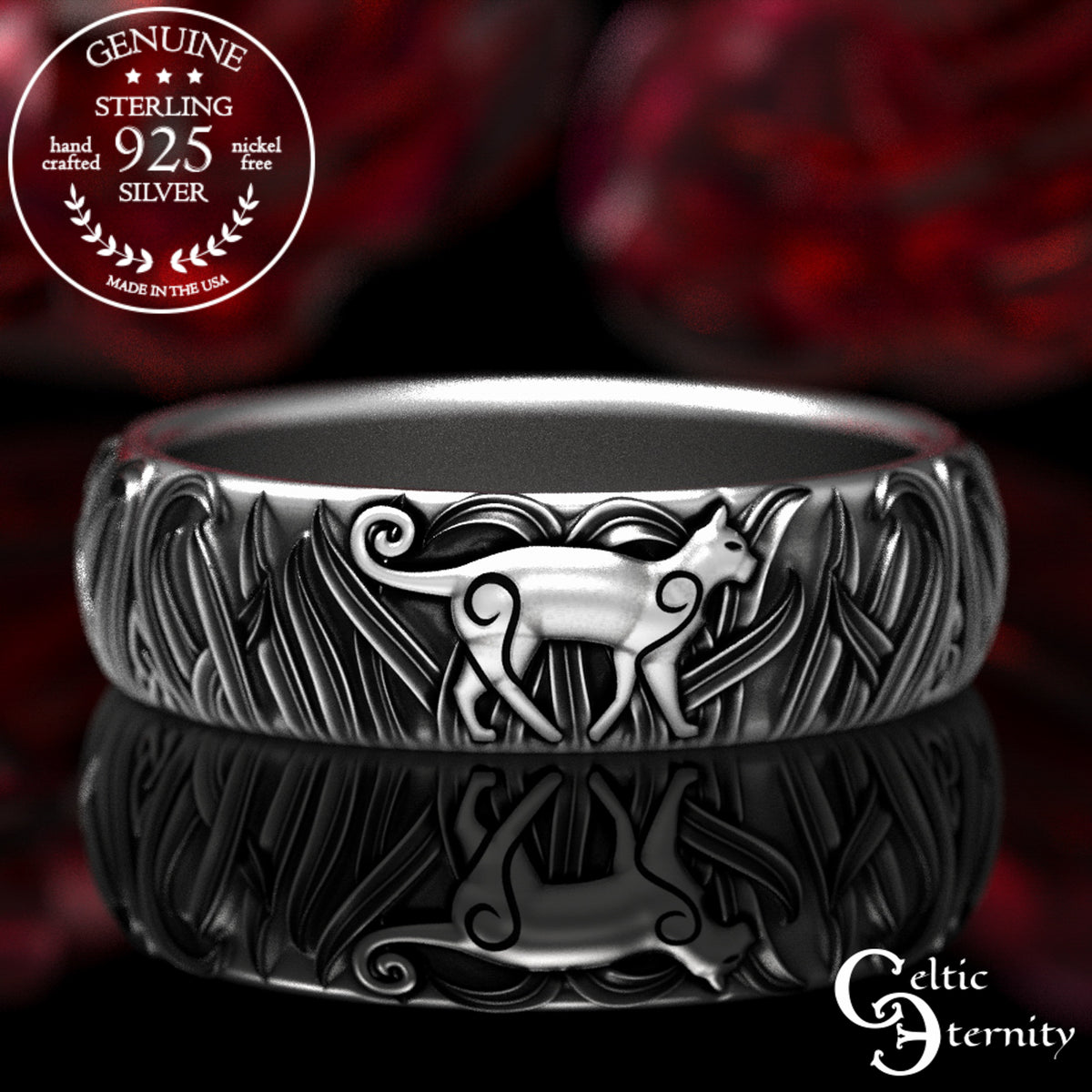 Women's Sterling Silver Kitty Cat & Trinity Grass Wedding Band, 1911