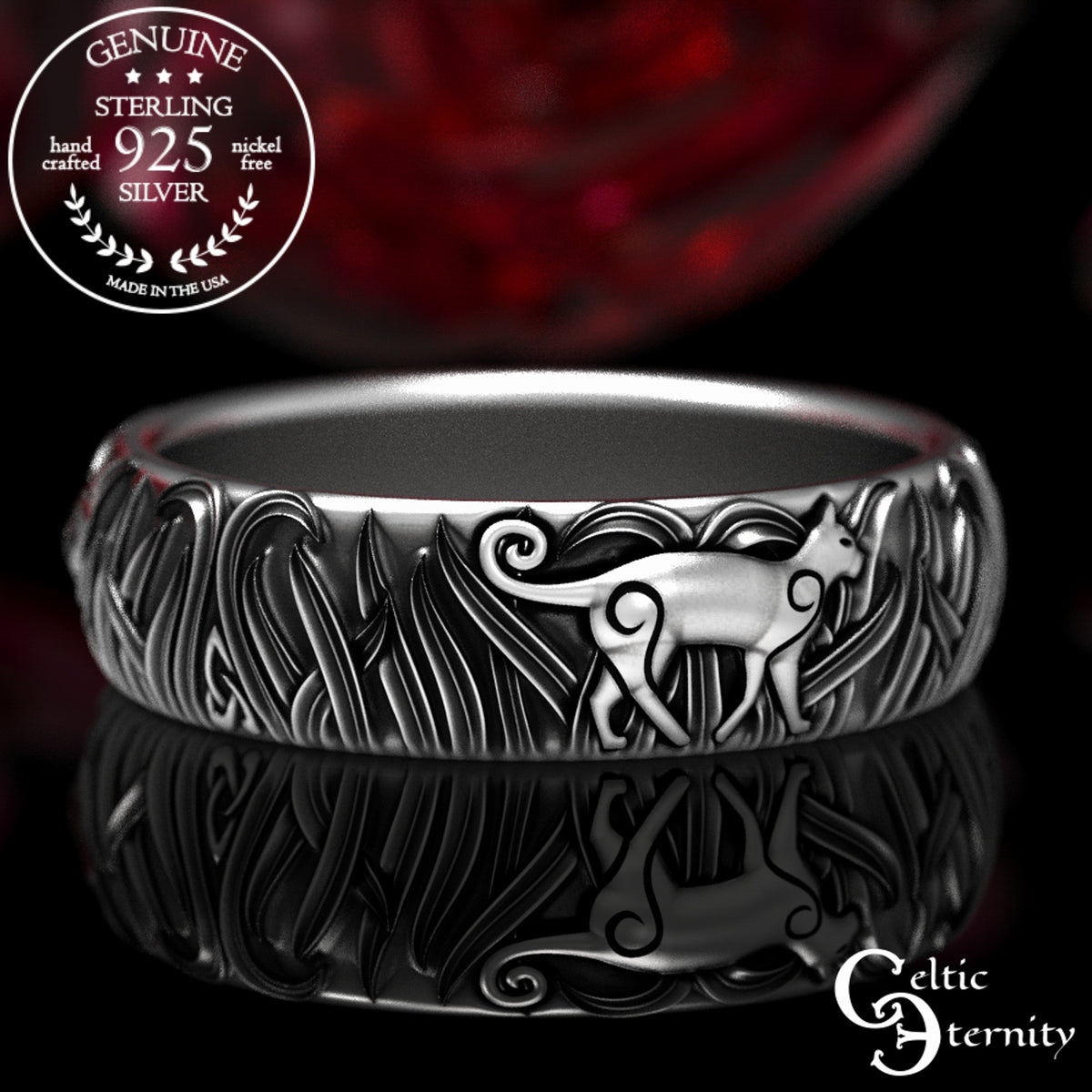Women's Sterling Silver Kitty Cat & Trinity Grass Wedding Band, 1911