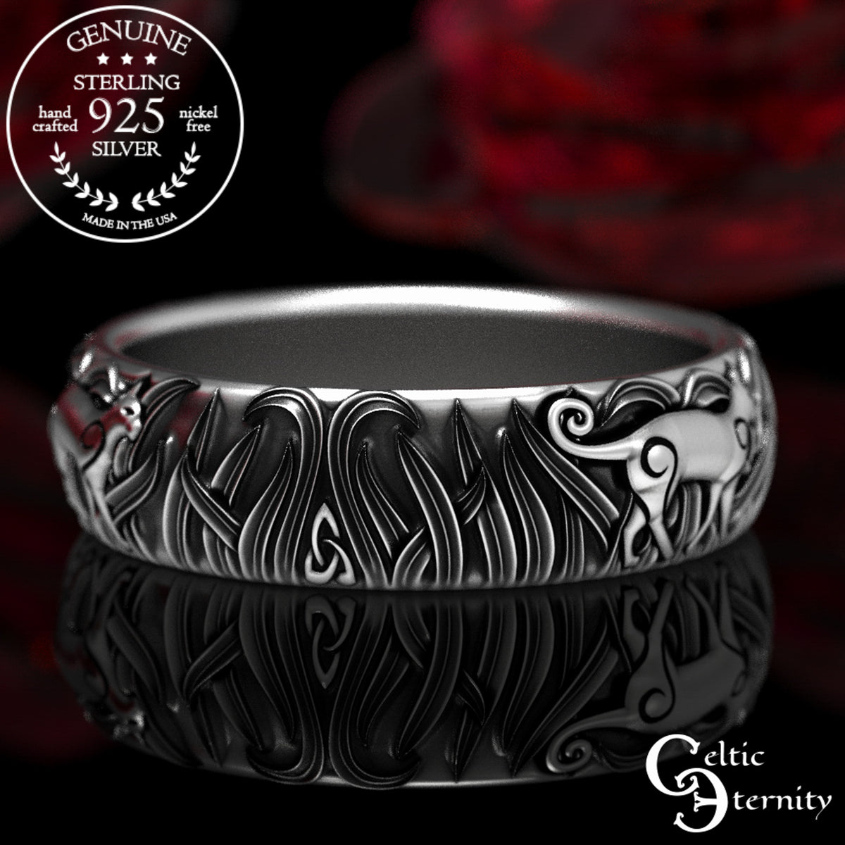 Women's Sterling Silver Kitty Cat & Trinity Grass Wedding Band, 1911