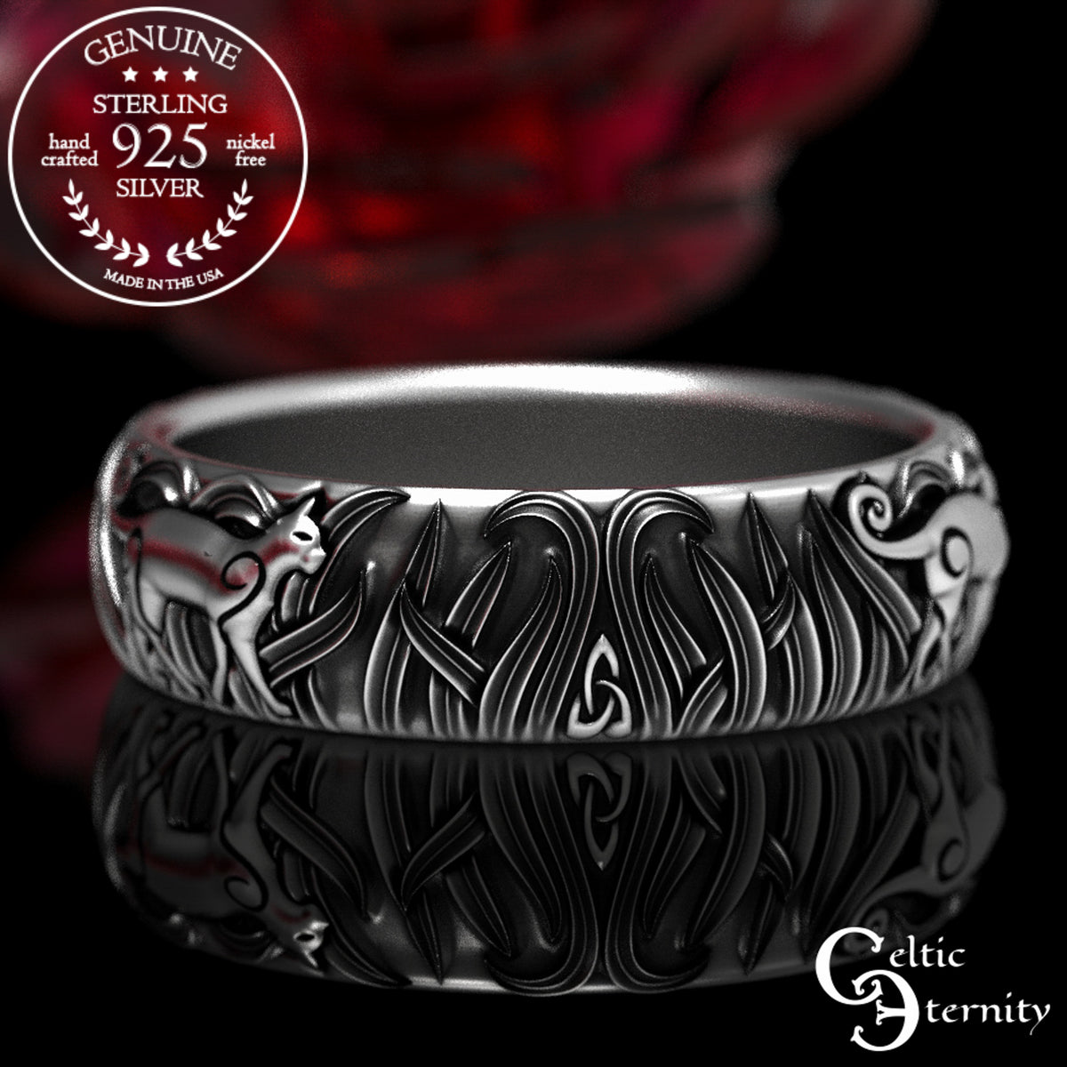 Women's Sterling Silver Kitty Cat & Trinity Grass Wedding Band, 1911