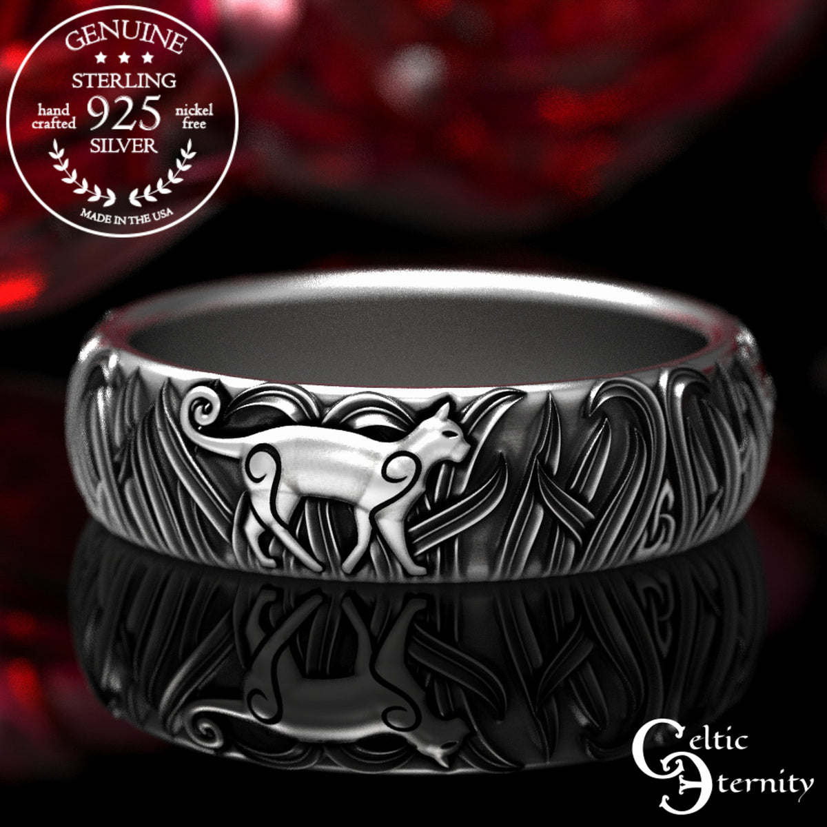 Women's Sterling Silver Kitty Cat & Trinity Grass Wedding Band, 1911