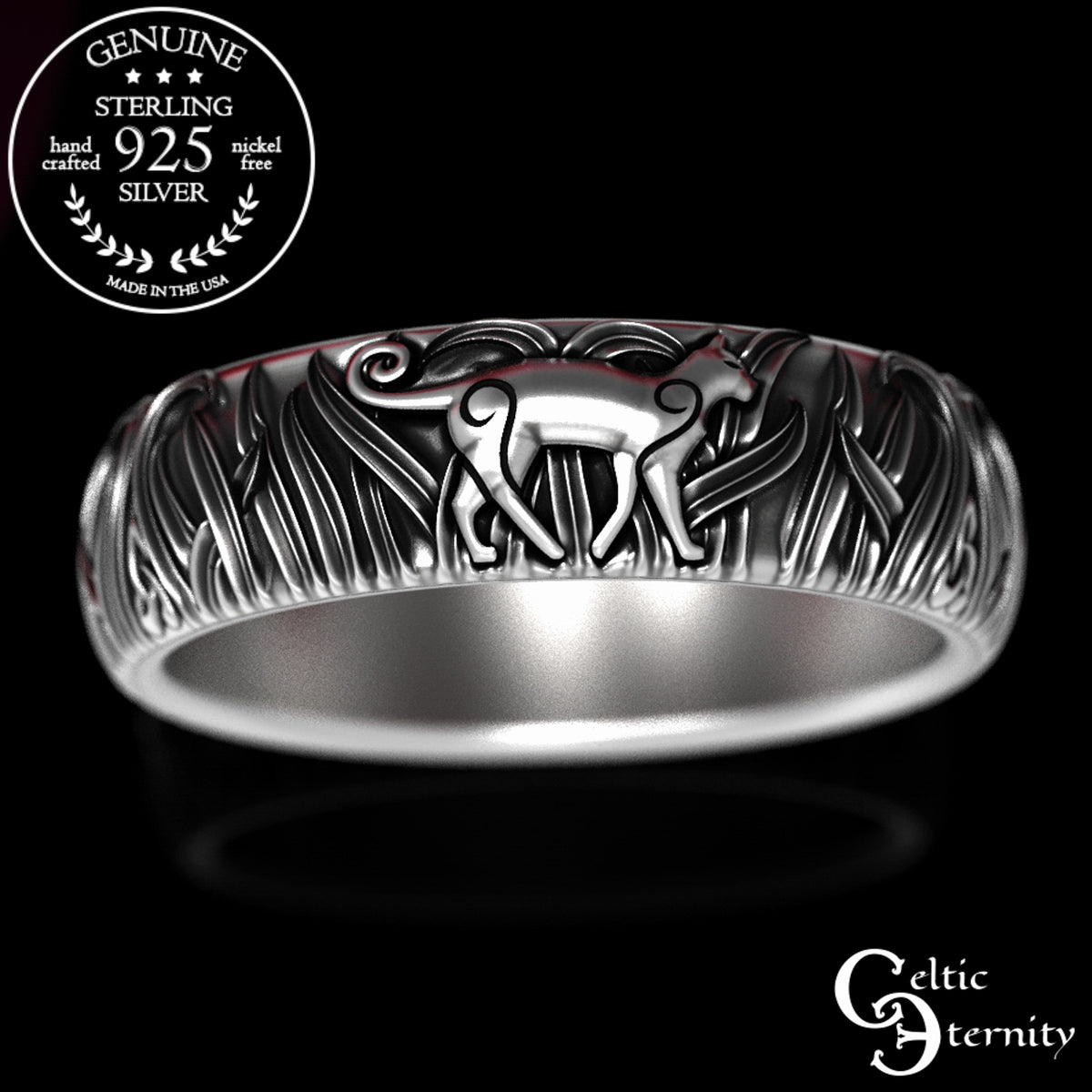 Women's Sterling Silver Kitty Cat & Trinity Grass Wedding Band, 1911
