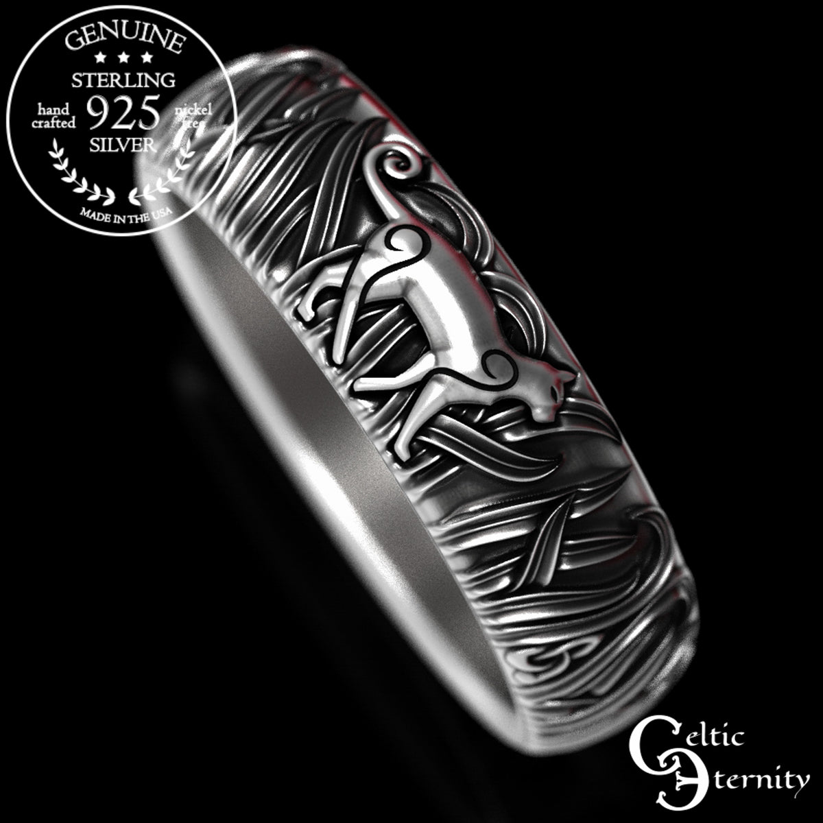 Women's Sterling Silver Kitty Cat & Trinity Grass Wedding Band, 1911