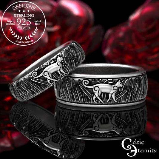 Sterling Matching Celtic Cats Wedding Band Set for Bride Groom, 1911 1912