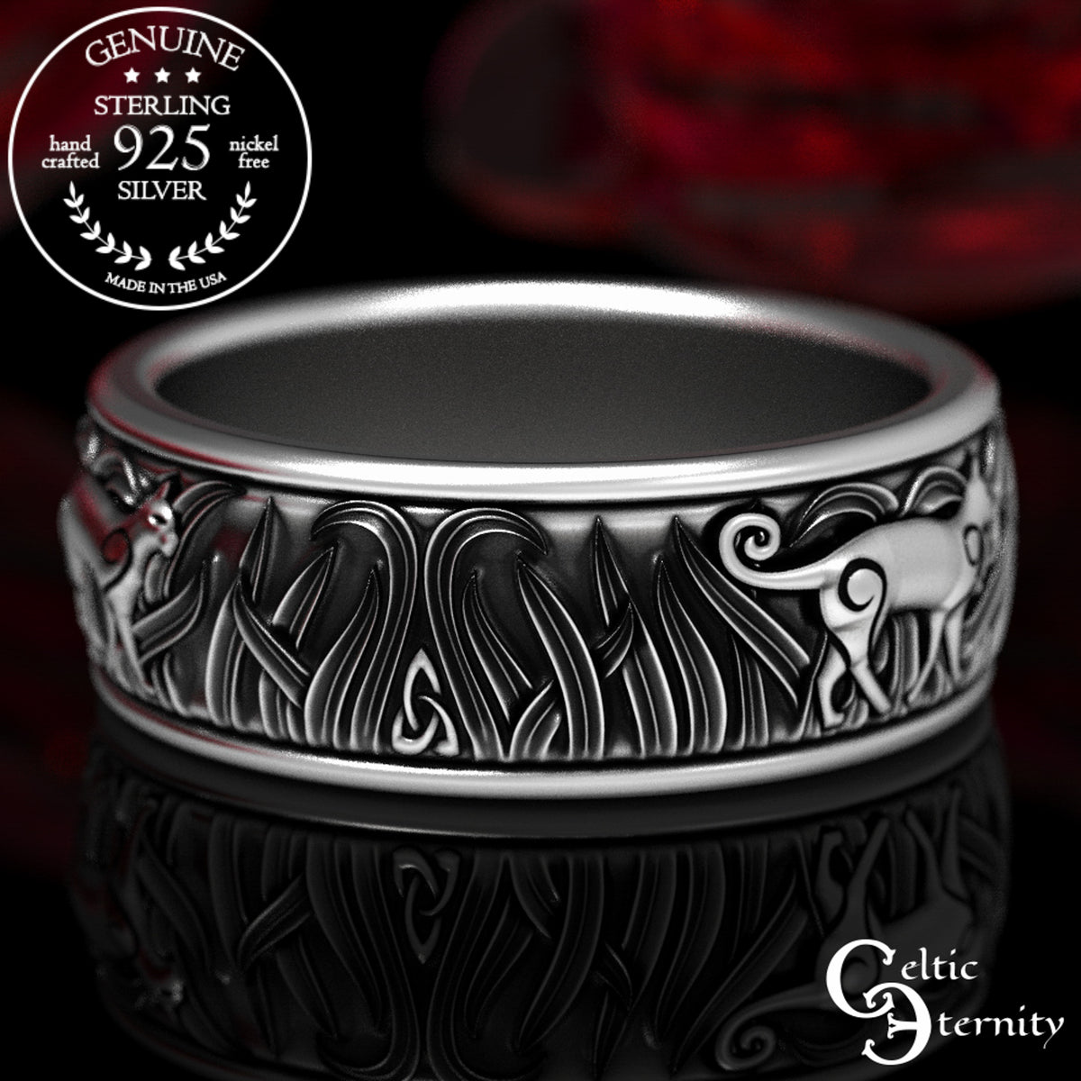 Men's Sterling Silver Cats in Tall Grass Wedding Band, 1912