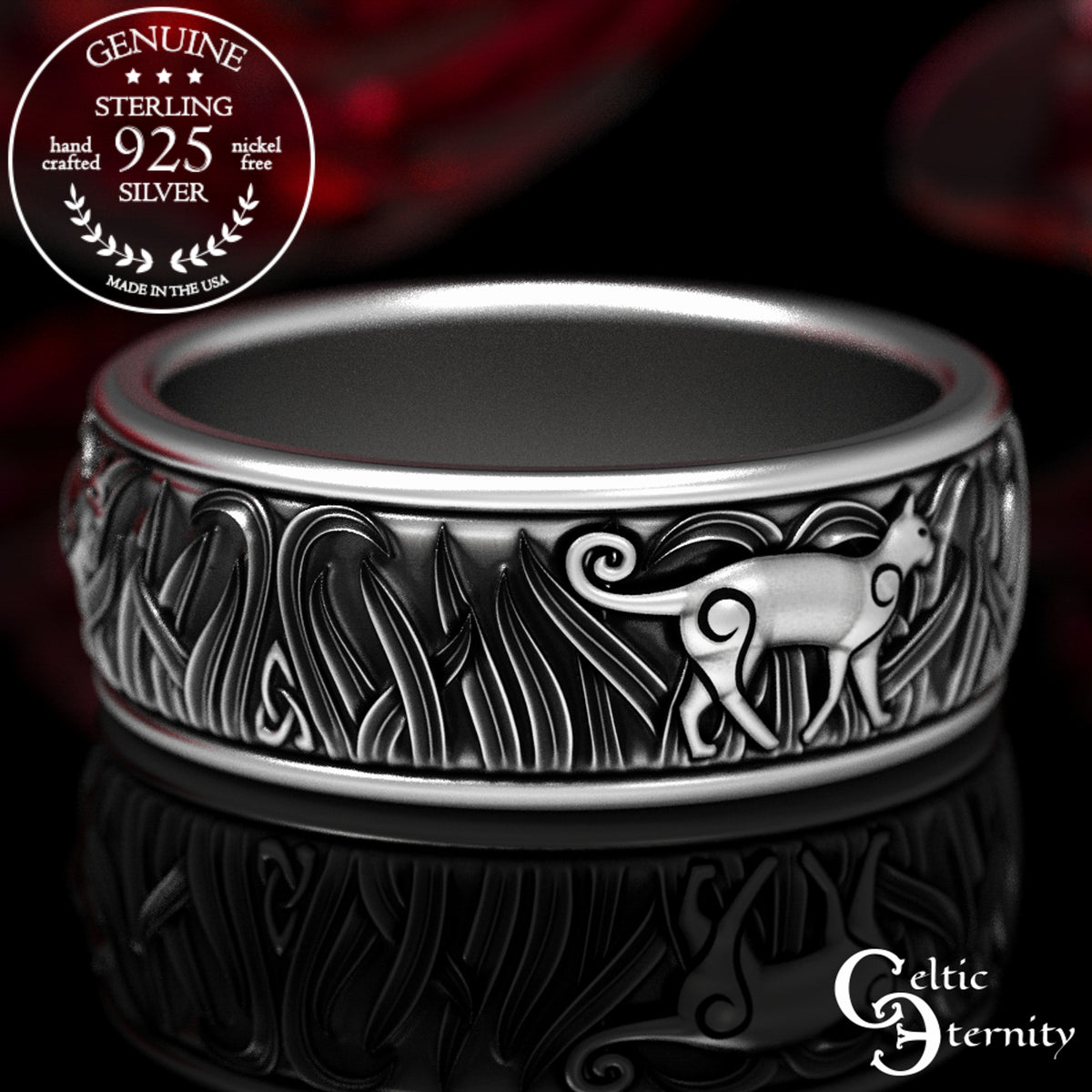 Men's Sterling Silver Cats in Tall Grass Wedding Band, 1912