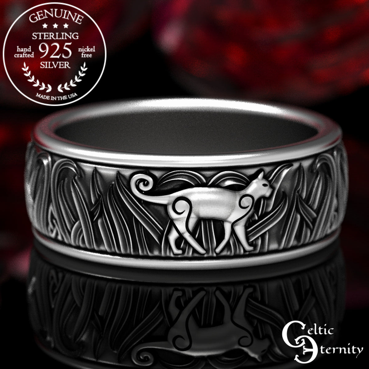 Men's Sterling Silver Cats in Tall Grass Wedding Band, 1912