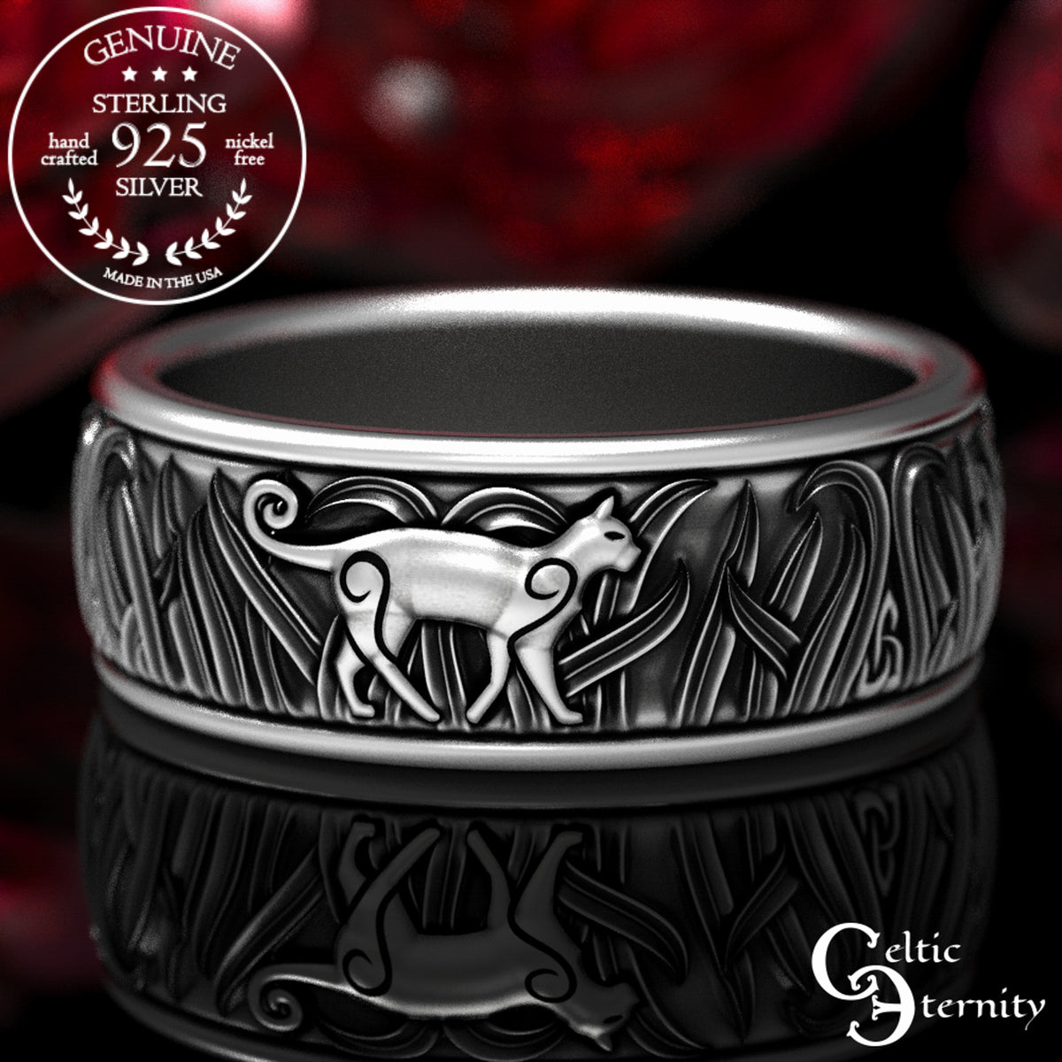 Men's Sterling Silver Cats in Tall Grass Wedding Band, 1912
