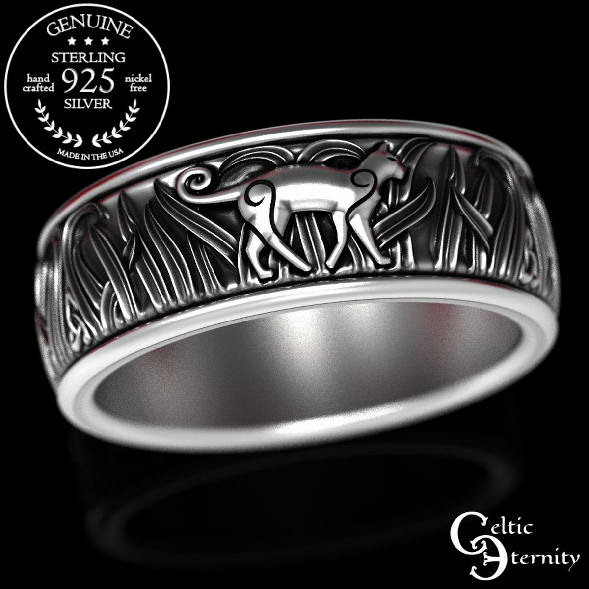 Men's Sterling Silver Cats in Tall Grass Wedding Band, 1912