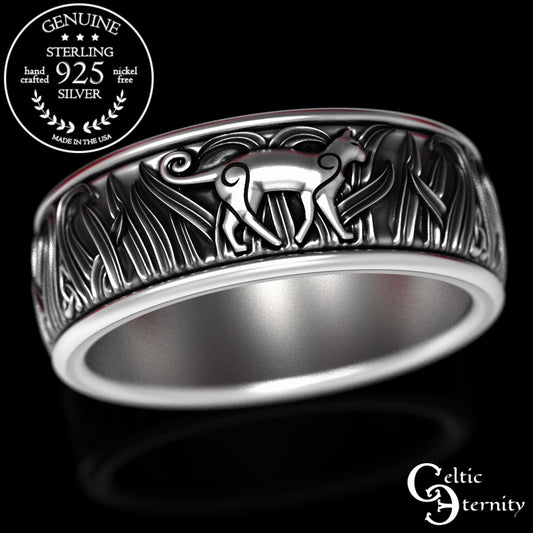 Men's Sterling Silver Cats in Tall Grass Wedding Band, 1912