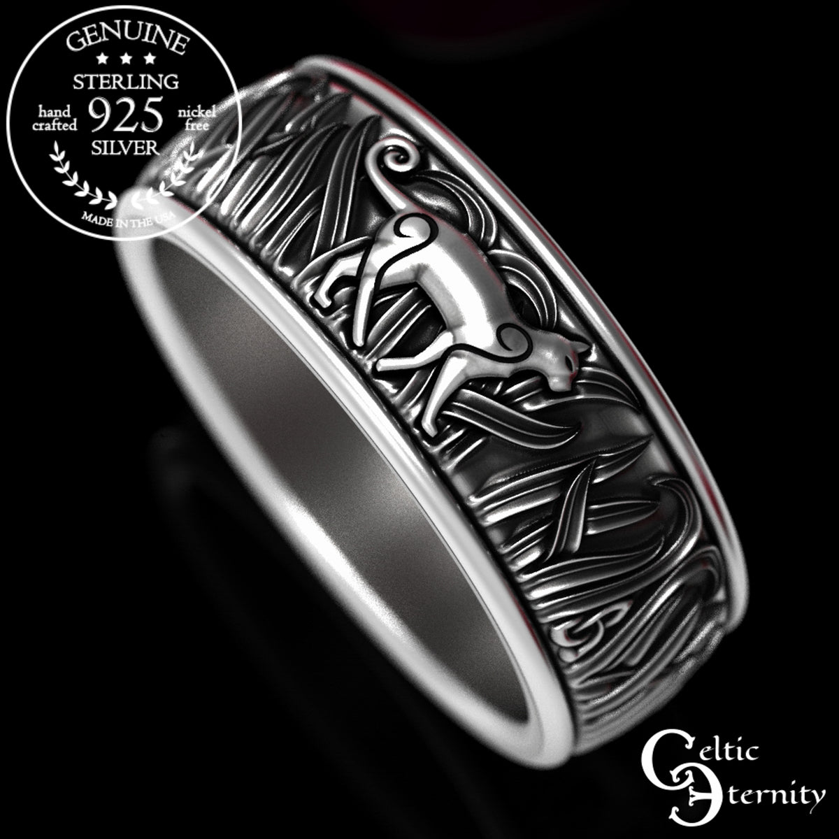 Men's Sterling Silver Cats in Tall Grass Wedding Band, 1912