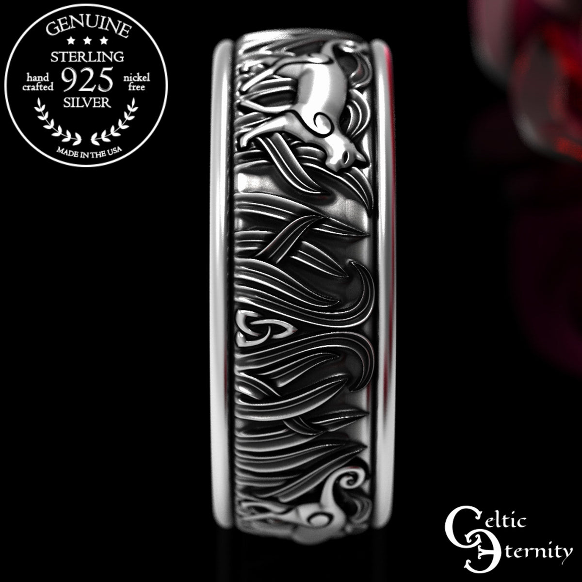 Men's Sterling Silver Cats in Tall Grass Wedding Band, 1912