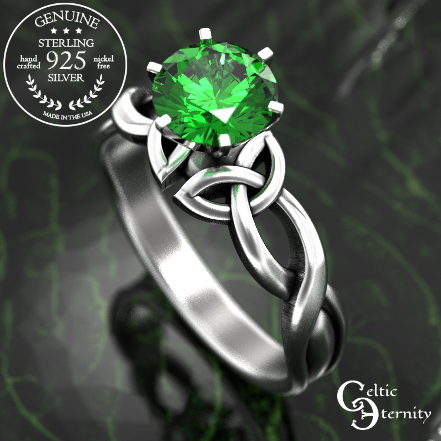 Sterling & Emerald Irish Trinity Knot Engagement Ring, 1982