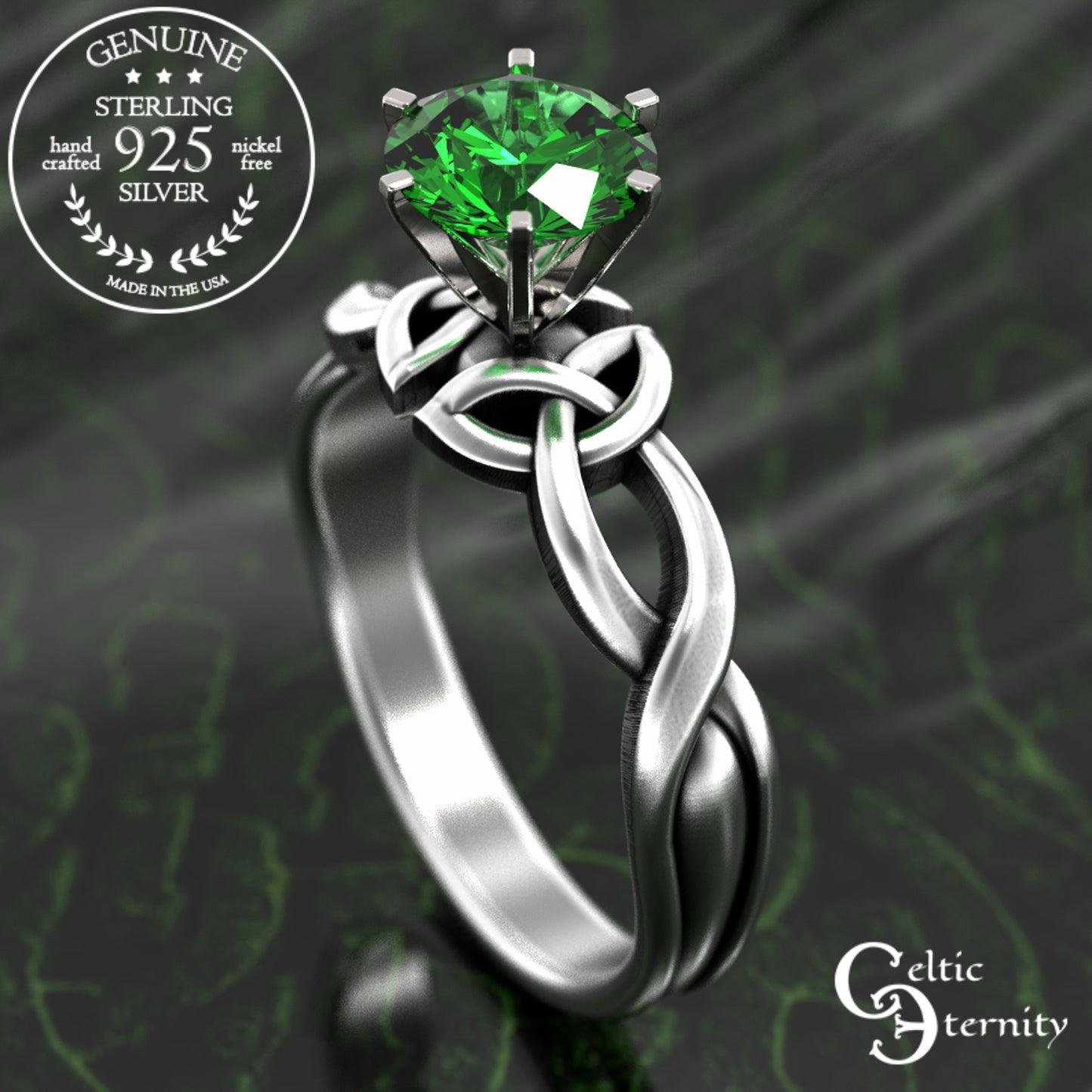 Sterling & Emerald Irish Trinity Knot Engagement Ring, 1982