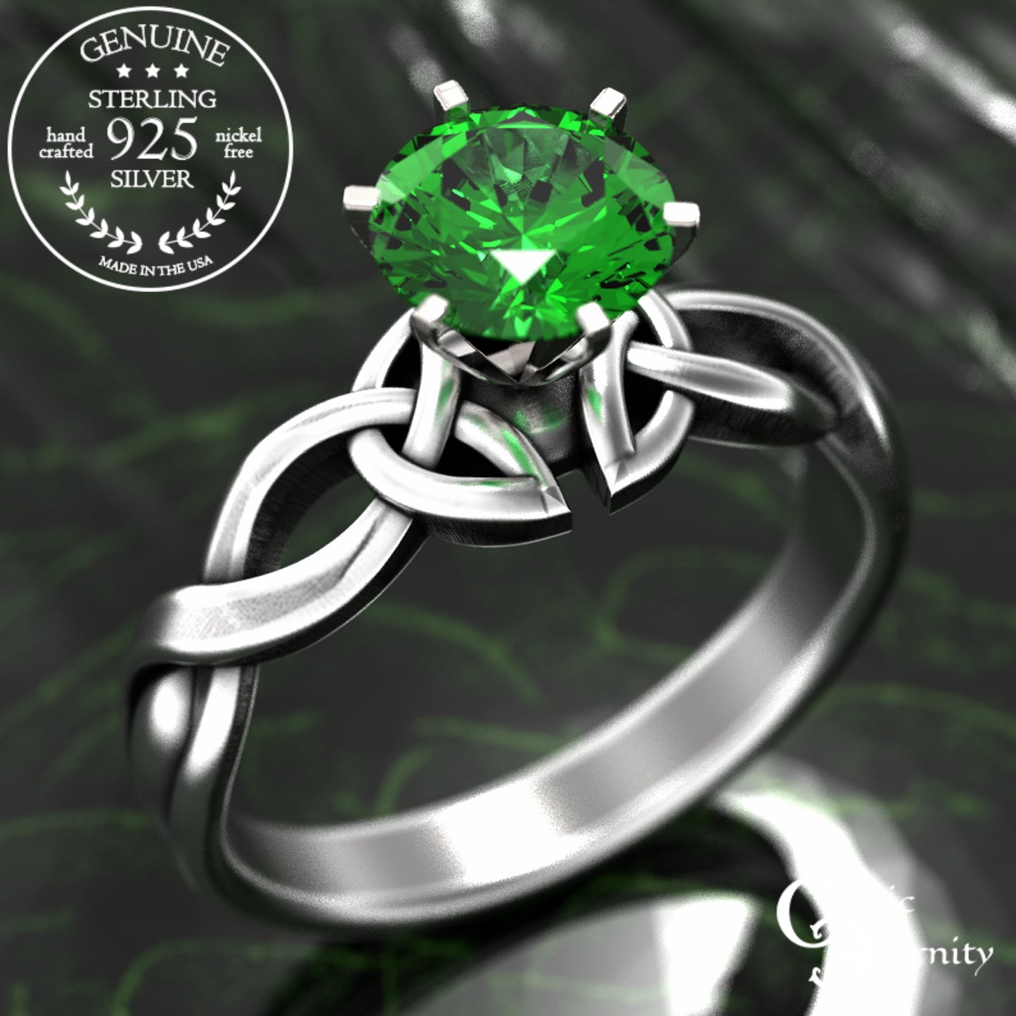 Sterling & Emerald Irish Trinity Knot Engagement Ring, 1982