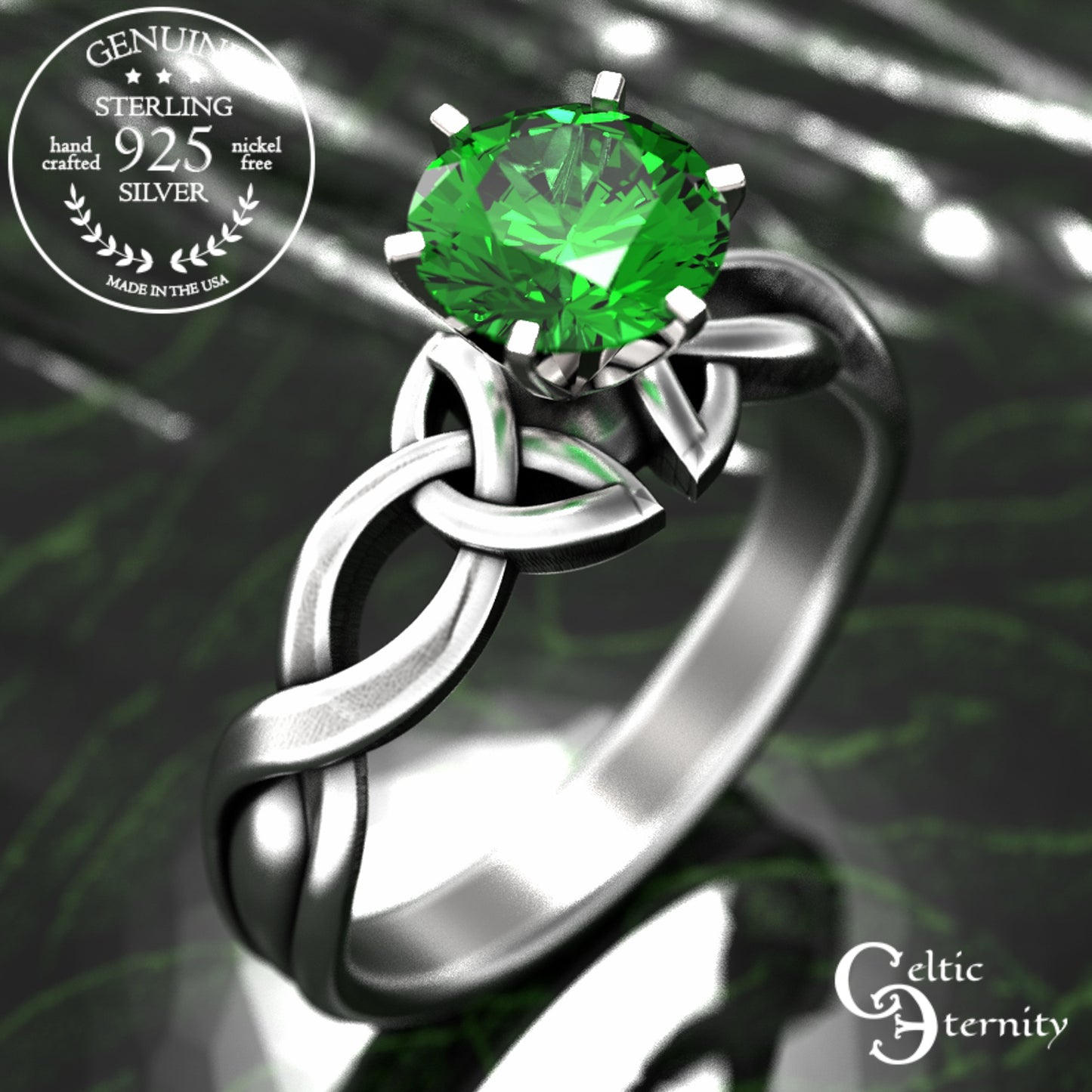 Sterling & Emerald Irish Trinity Knot Engagement Ring, 1982