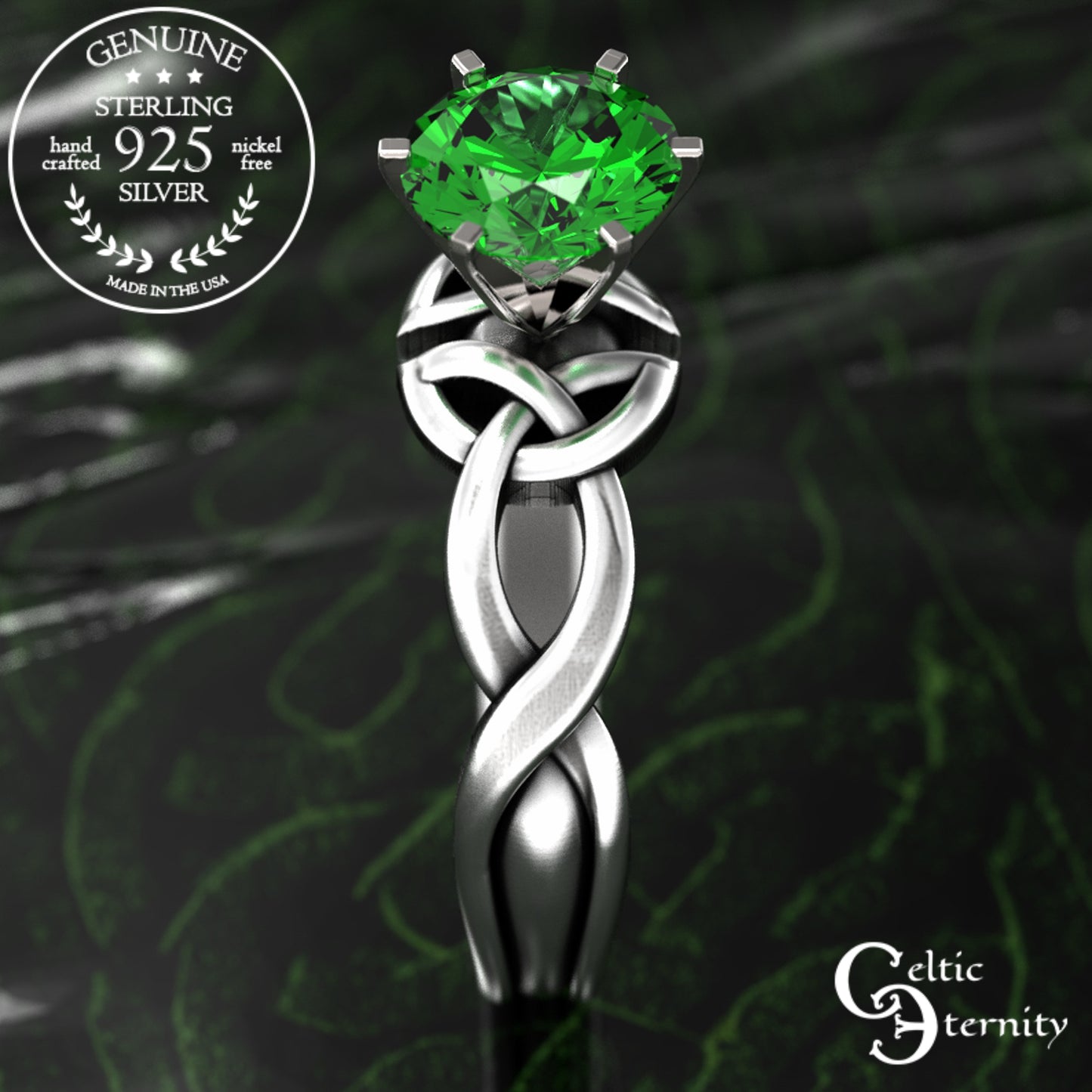 Sterling & Emerald Irish Trinity Knot Engagement Ring, 1982
