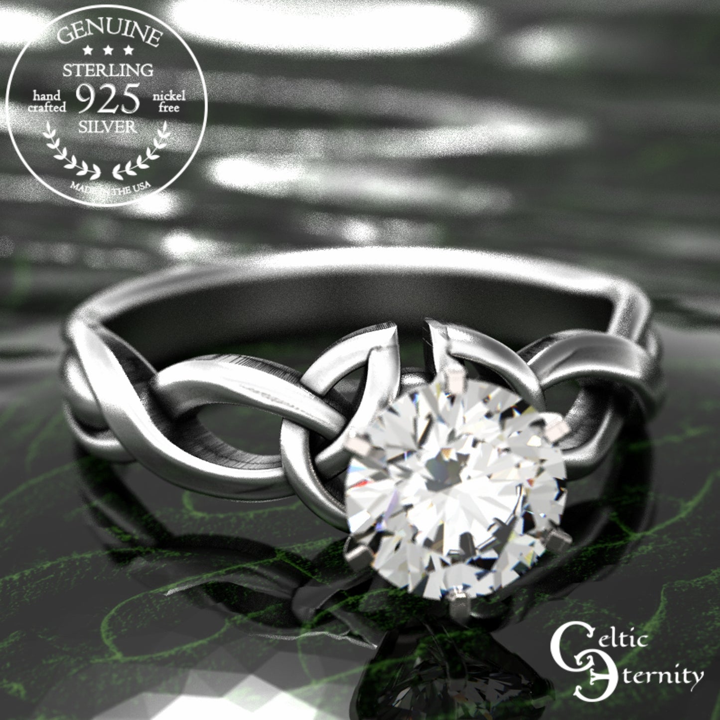 Sterling & Emerald Irish Trinity Knot Engagement Ring, 1982