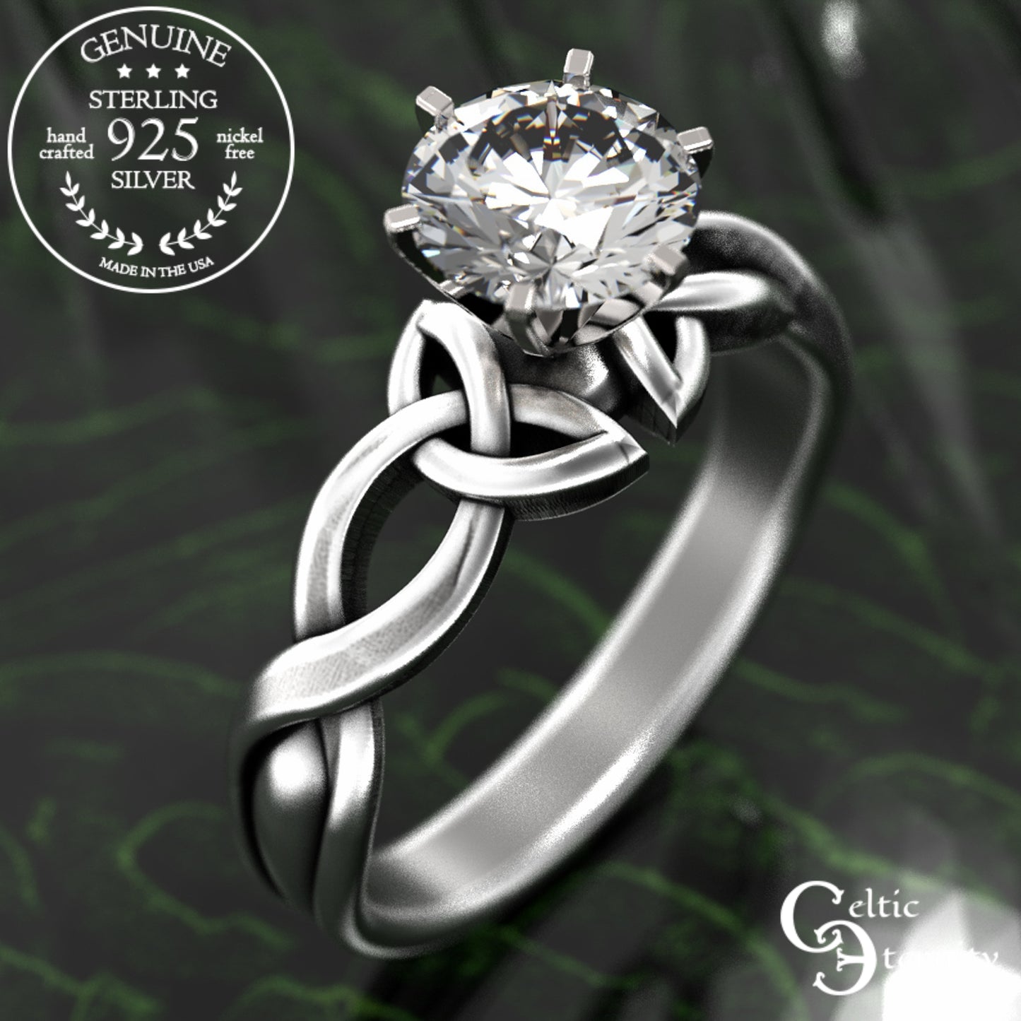 Sterling & Emerald Irish Trinity Knot Engagement Ring, 1982