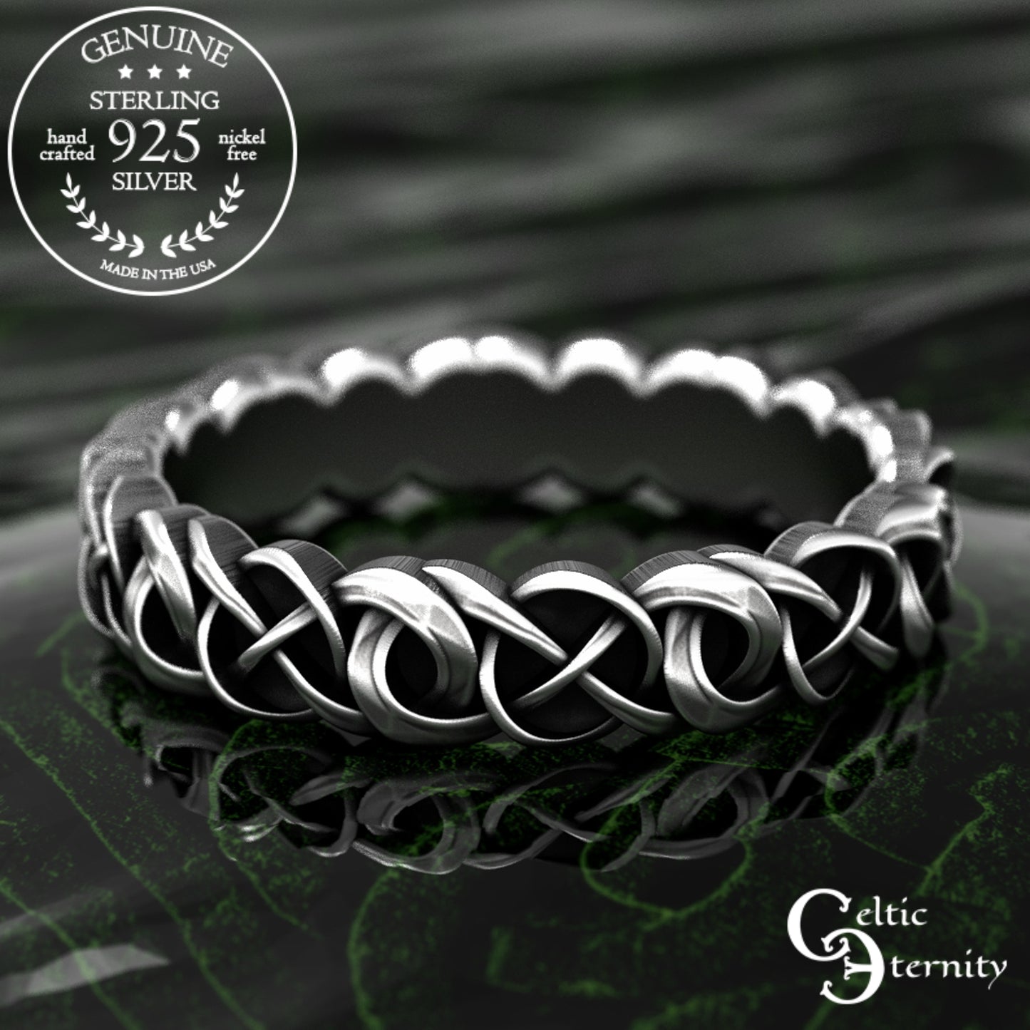 A sterling silver Celtic knot ring with a textured, wavy outer edge, displayed on a dark reflective surface. A circular badge in the top-left corner reads 'GENUINE STERLING 925 SILVER', and the brand logo 'Celtic Eternity' is visible in the bottom-right corner.