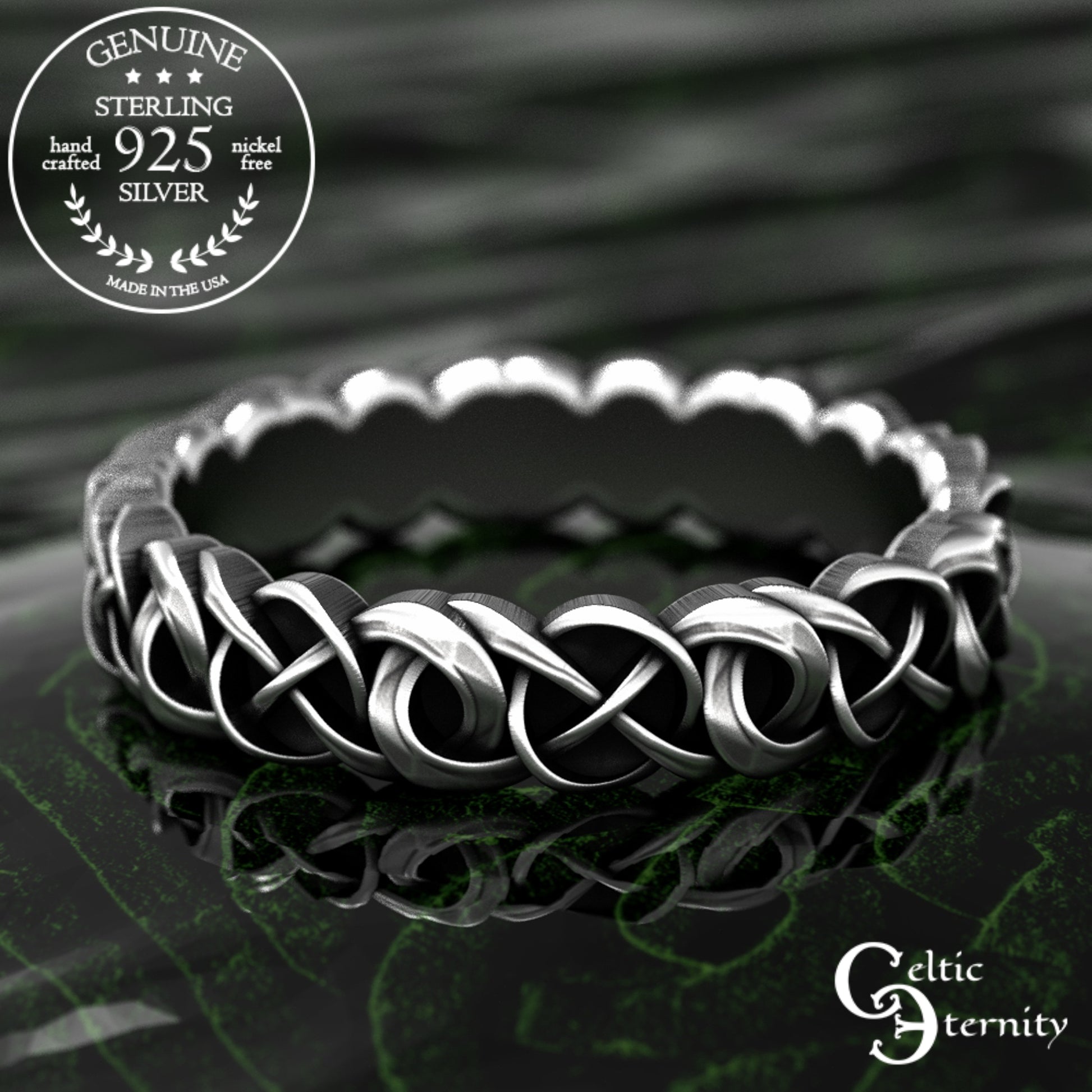 A sterling silver Celtic knot ring with a textured, wavy outer edge, displayed on a dark reflective surface. A circular badge in the top-left corner reads 'GENUINE STERLING 925 SILVER', and the brand logo 'Celtic Eternity' is visible in the bottom-right corner.
