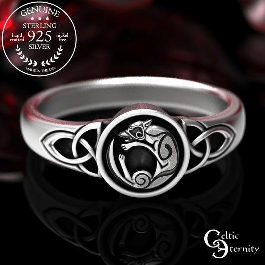Sterling Silver Curled Wolf Signet Ring with Celtic Knotwork, 2025