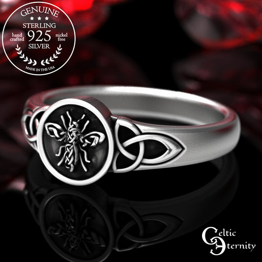 Sterling Silver Bumblebee Signet Ring with Trinity Knotwork, 2026
