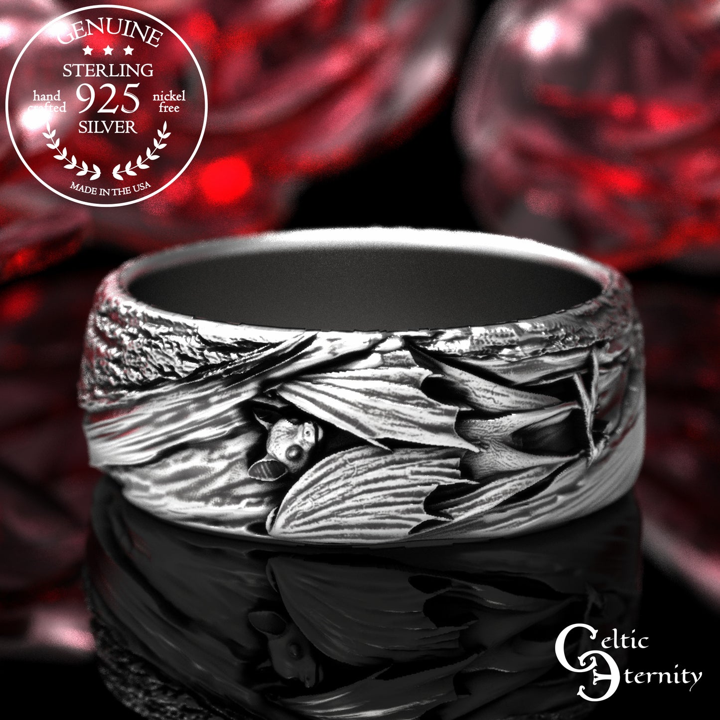 Sterling Hanging Bat with Tree Bark Texture Band, 2029