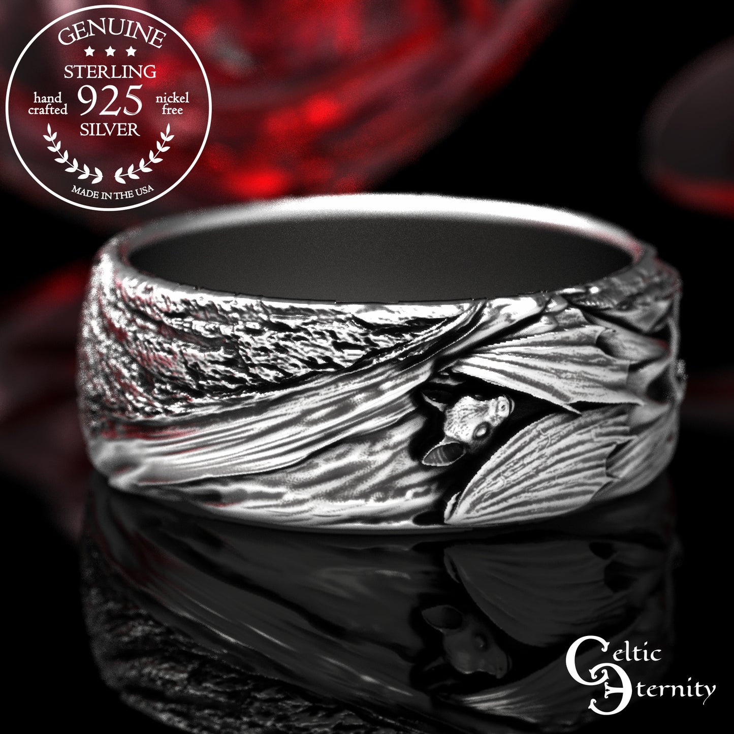Sterling Hanging Bat with Tree Bark Texture Band, 2029