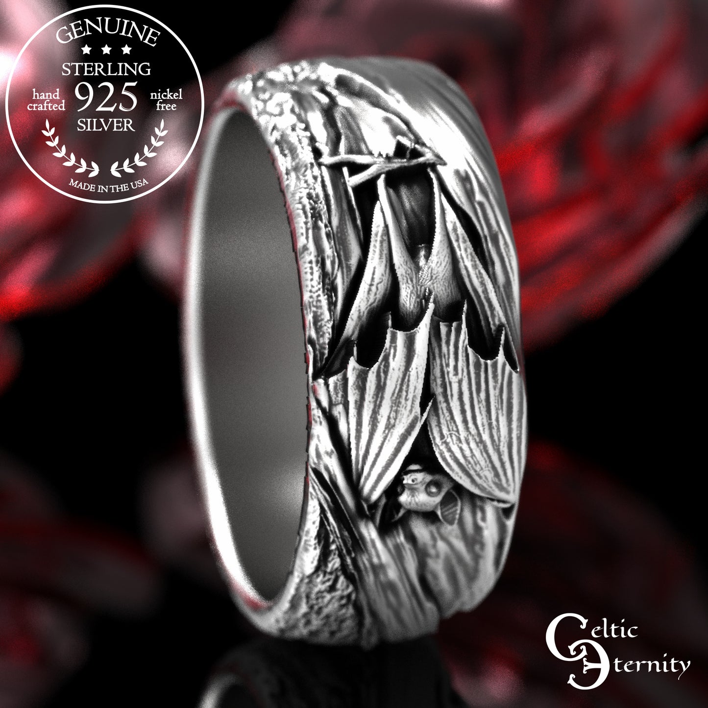Sterling Hanging Bat with Tree Bark Texture Band, 2029