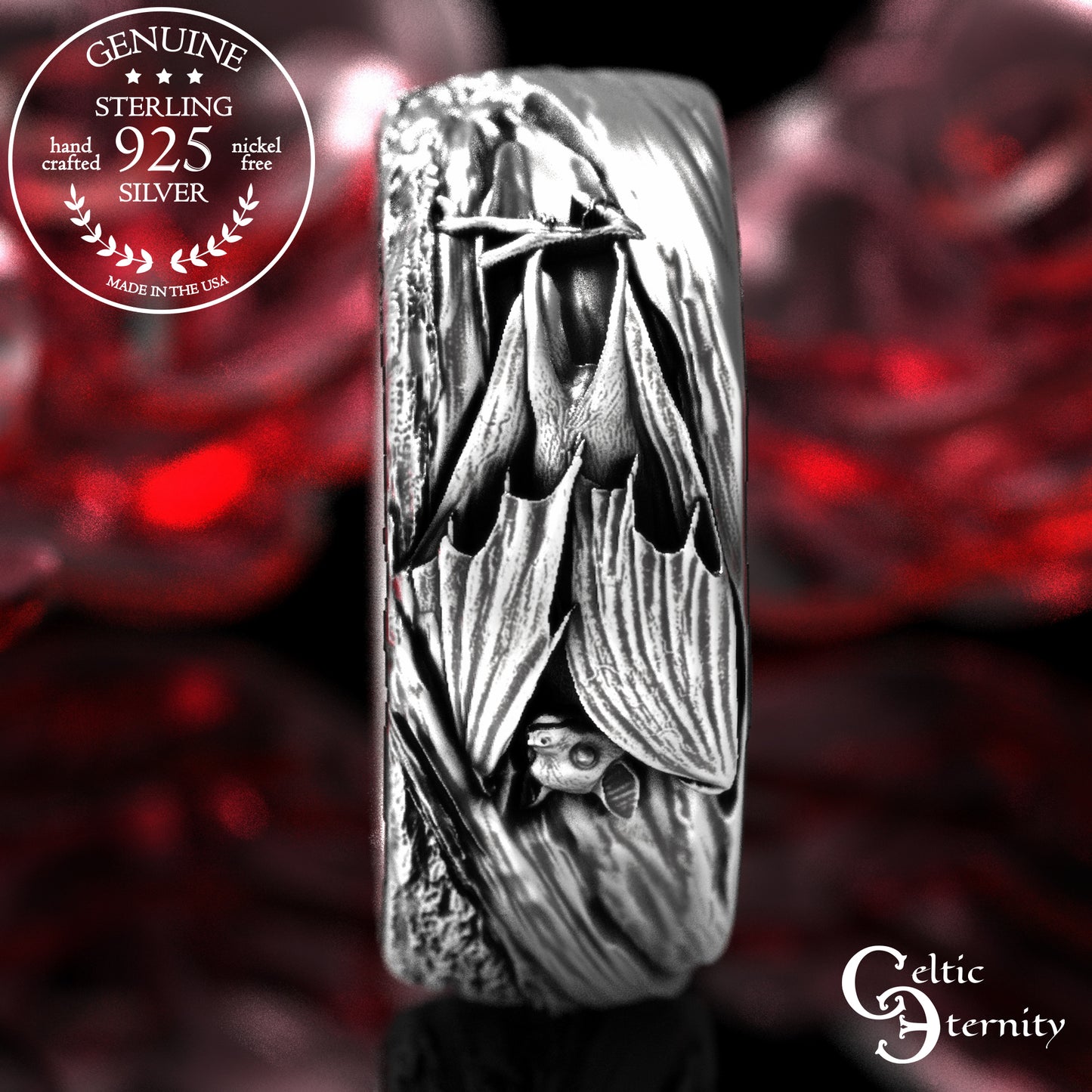 Sterling Hanging Bat with Tree Bark Texture Band, 2029