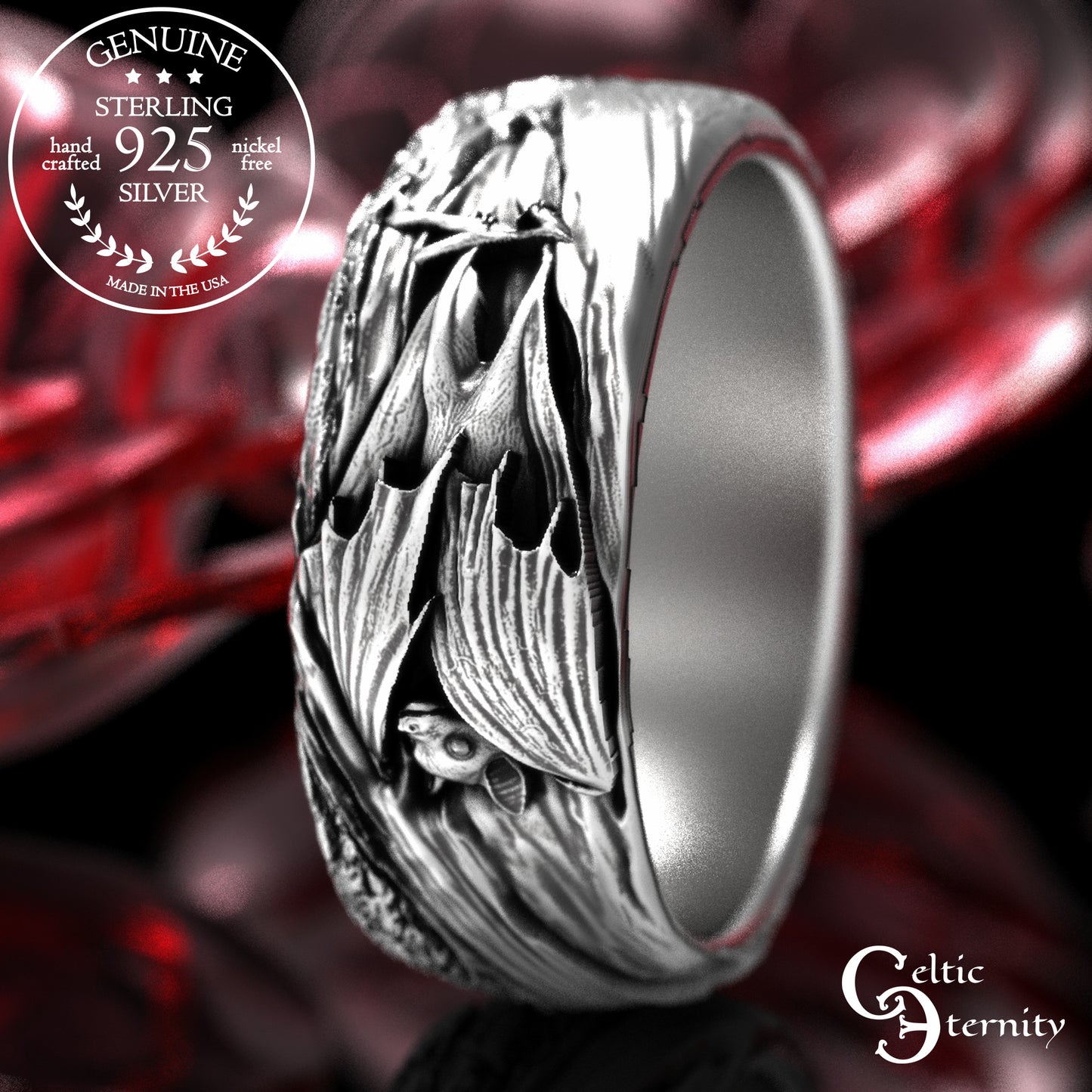 Sterling Hanging Bat with Tree Bark Texture Band, 2029