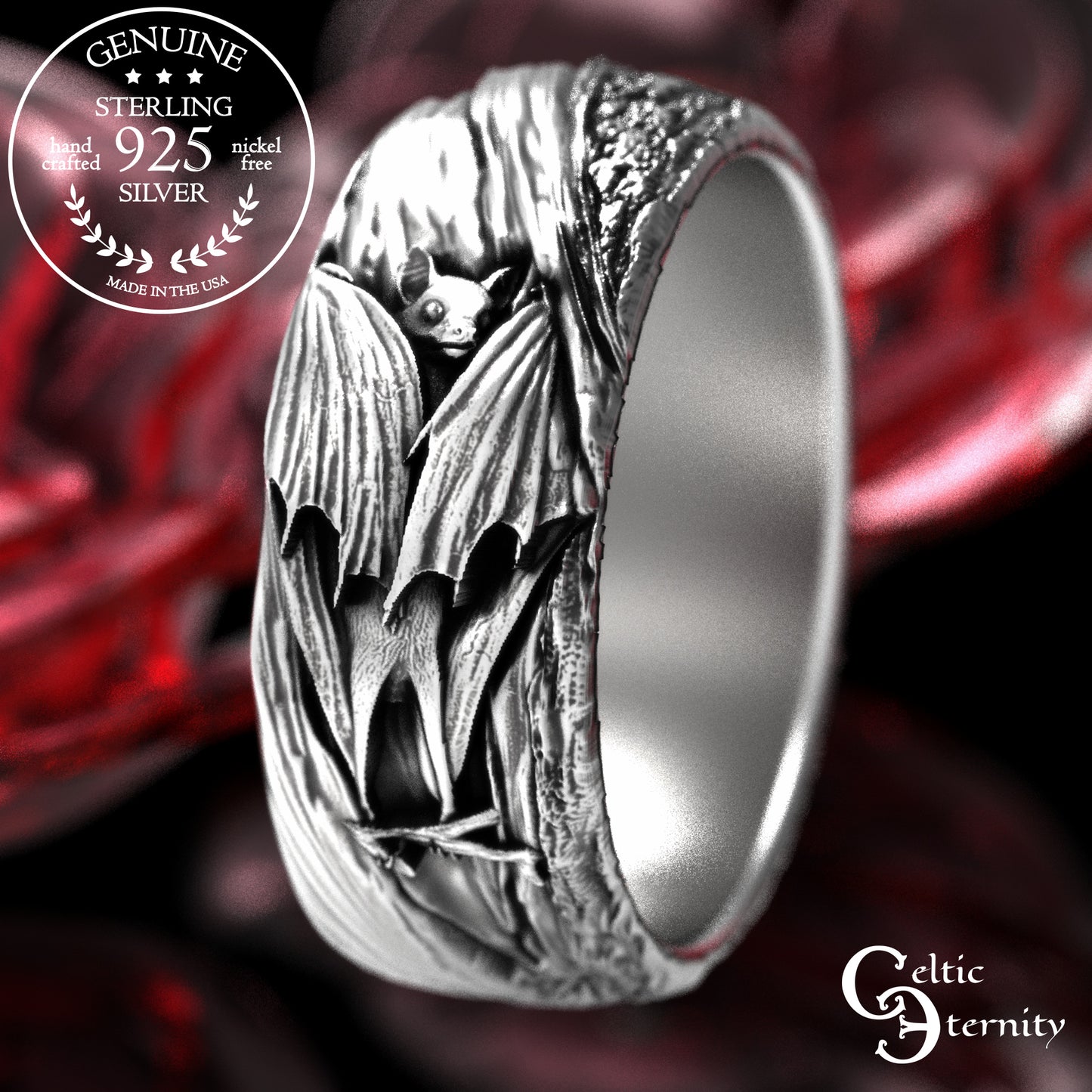 Sterling Hanging Bat with Tree Bark Texture Band, 2029