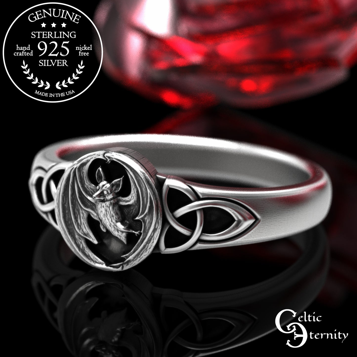 Sterling Silver Woman's Gothic Bat Statement Ring, 2030