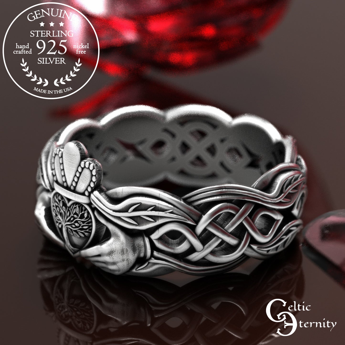 Sterling Celtic Tree of Life Claddagh Wedding Band Set, 2039 2040
