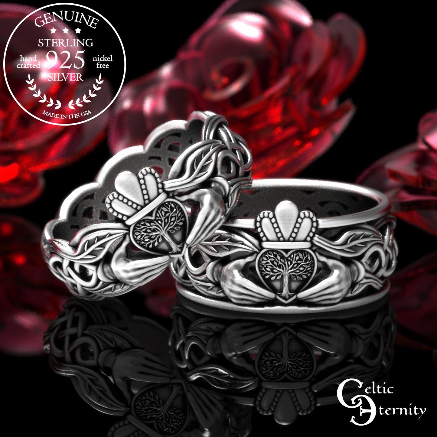 Sterling Celtic Tree of Life Claddagh Wedding Band Set, 2039 2040