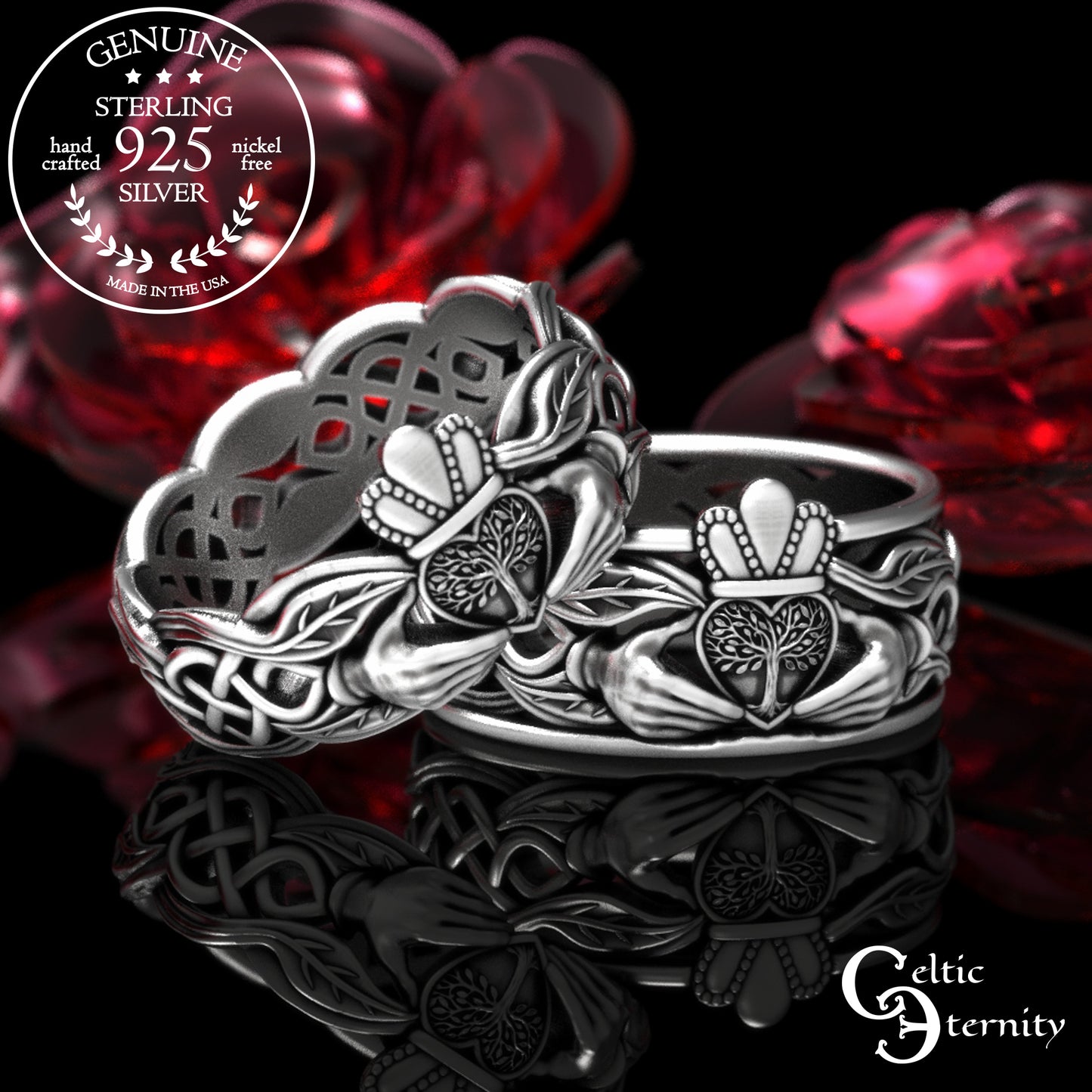 Sterling Celtic Tree of Life Claddagh Wedding Band Set, 2039 2040