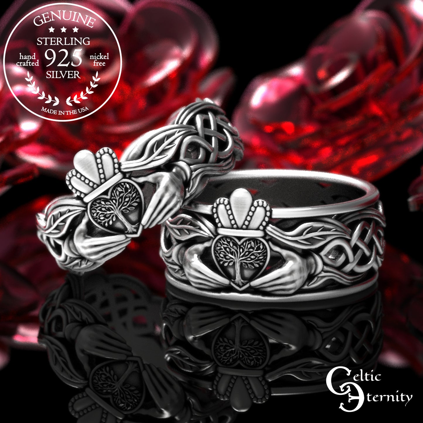 Sterling Celtic Tree of Life Claddagh Wedding Band Set, 2039 2040