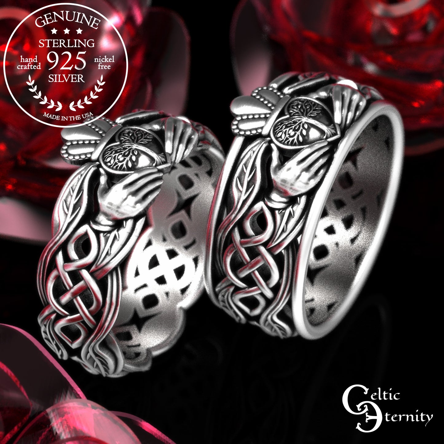Sterling Celtic Tree of Life Claddagh Wedding Band Set, 2039 2040