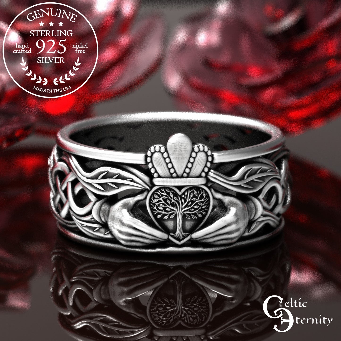Men's Sterling Tree Heart Claddagh Wedding Band, 2040