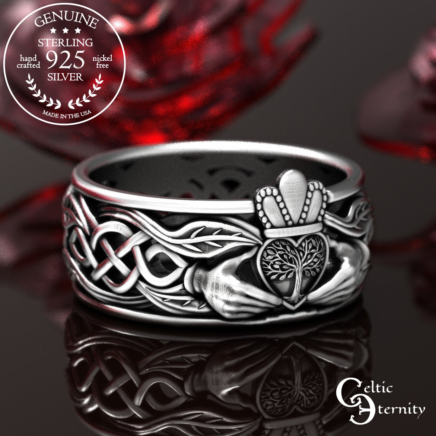 Men's Sterling Tree Heart Claddagh Wedding Band, 2040