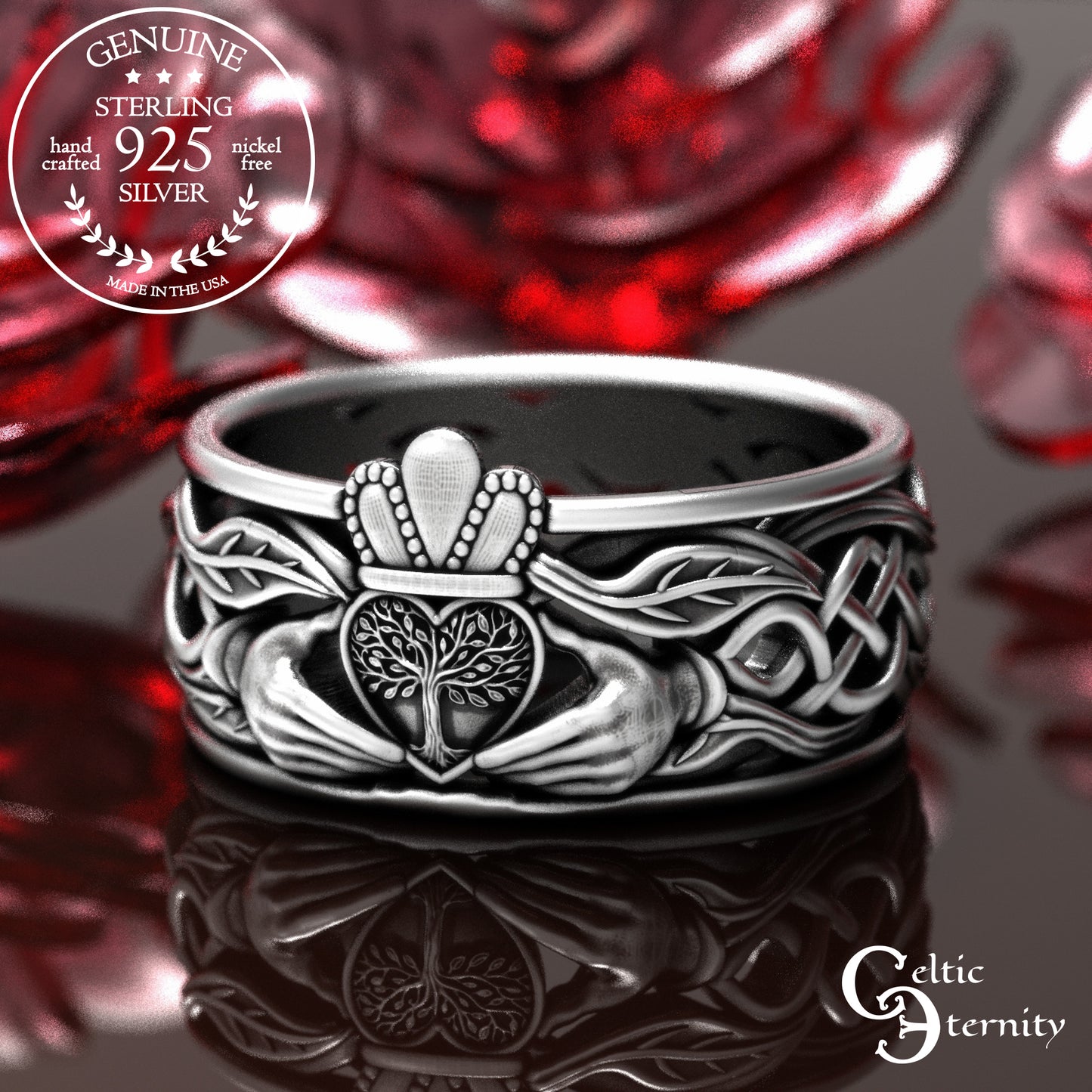 Men's Sterling Tree Heart Claddagh Wedding Band, 2040