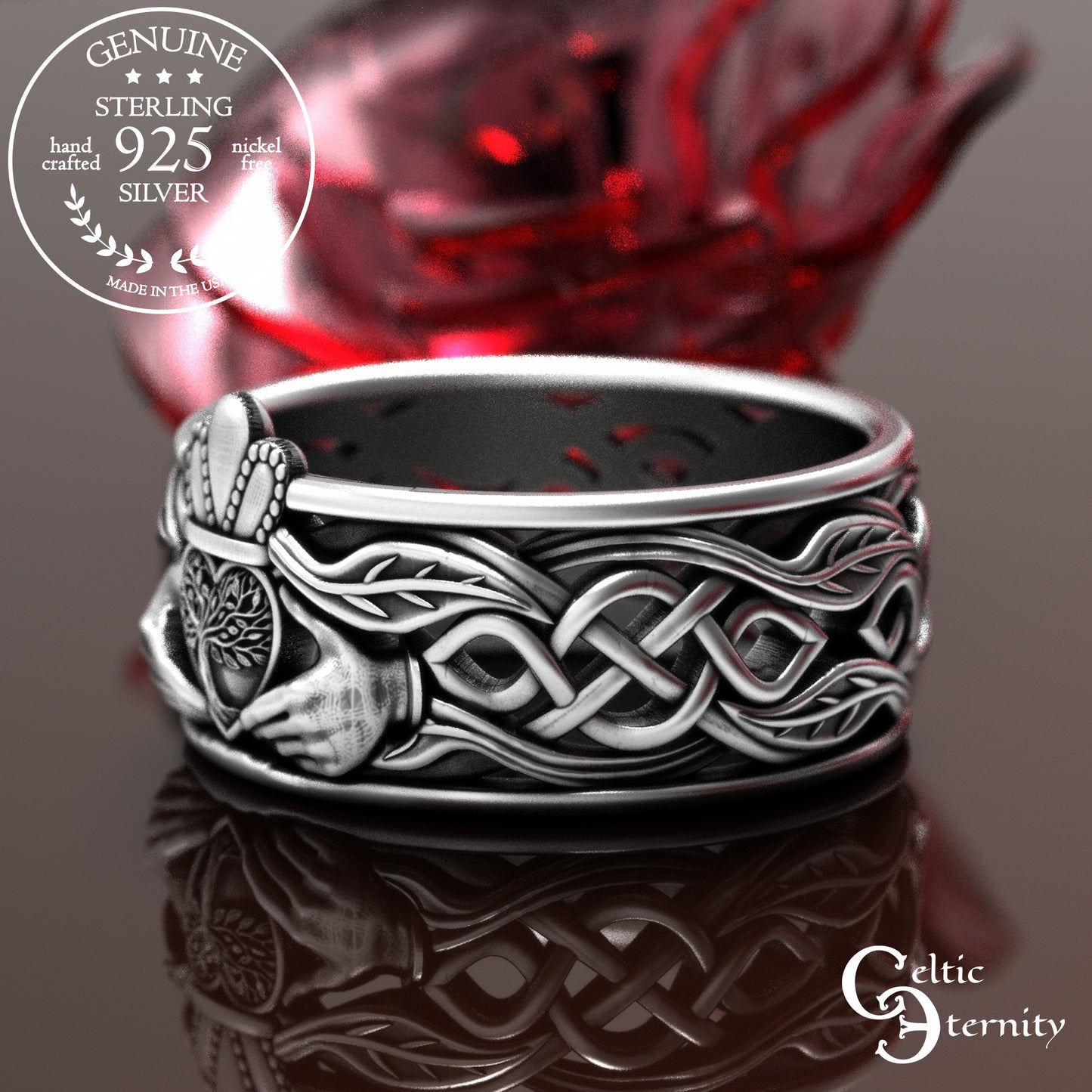 Men's Sterling Tree Heart Claddagh Wedding Band, 2040