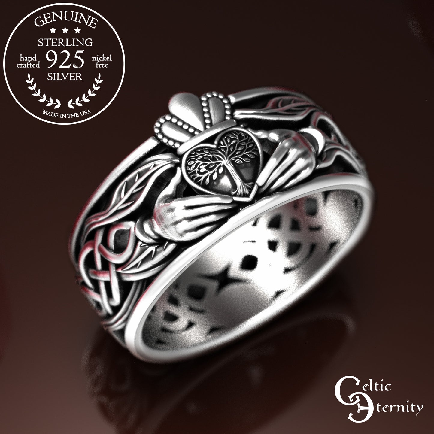 Men's Sterling Tree Heart Claddagh Wedding Band, 2040