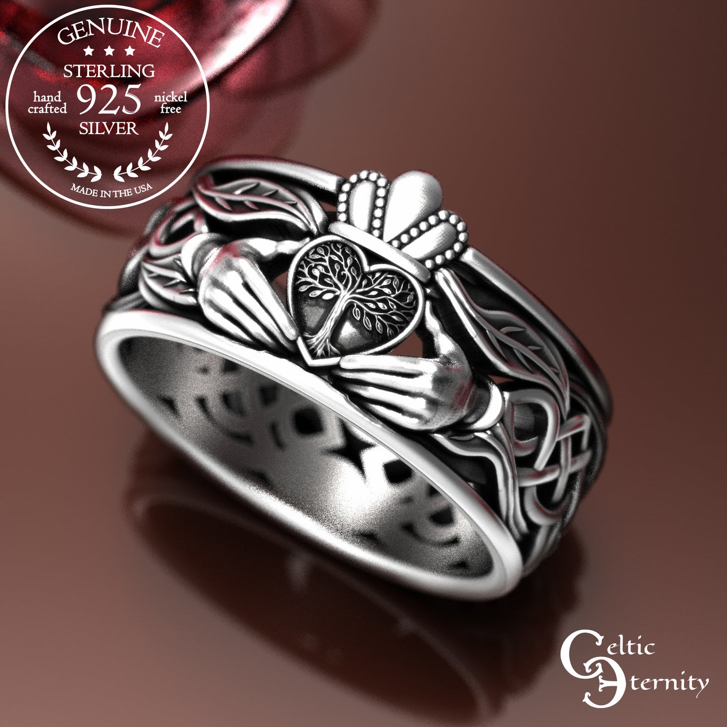 Men's Sterling Tree Heart Claddagh Wedding Band, 2040