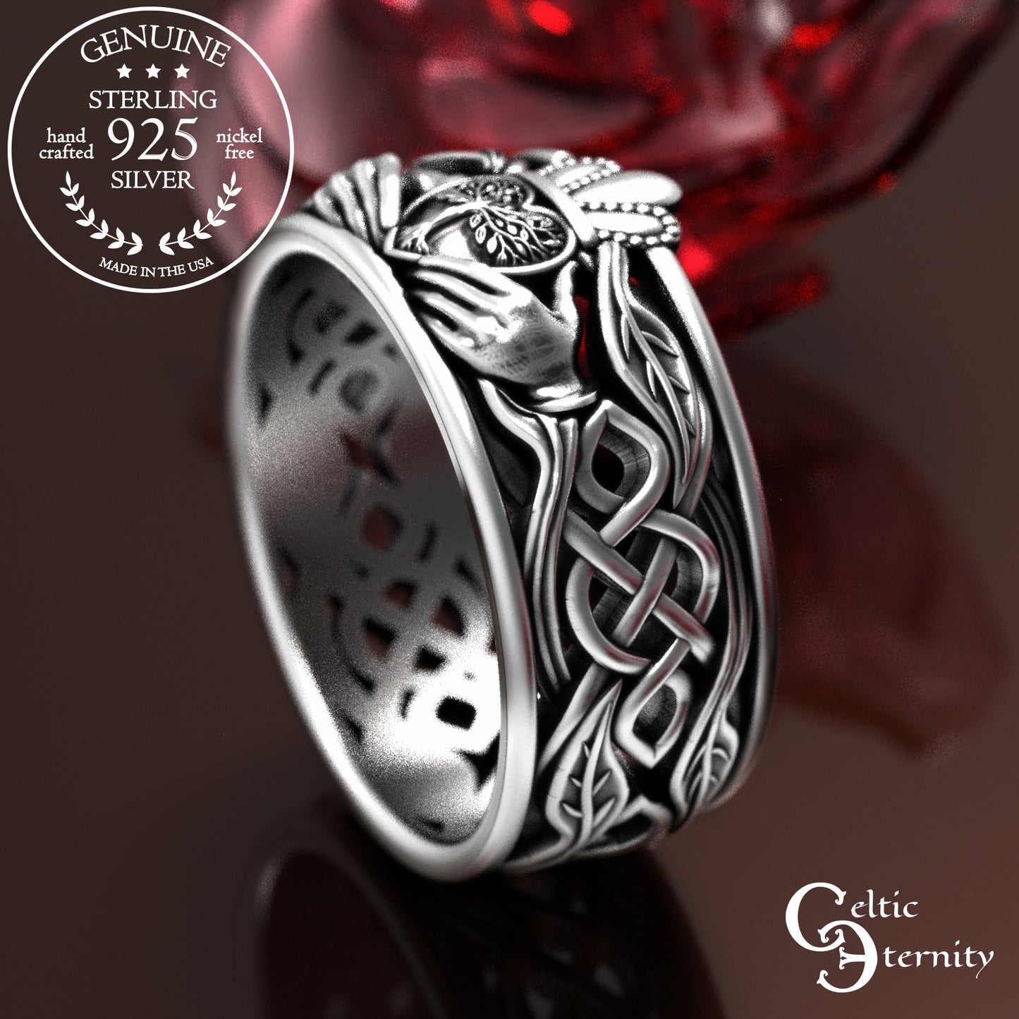 Men's Sterling Tree Heart Claddagh Wedding Band, 2040
